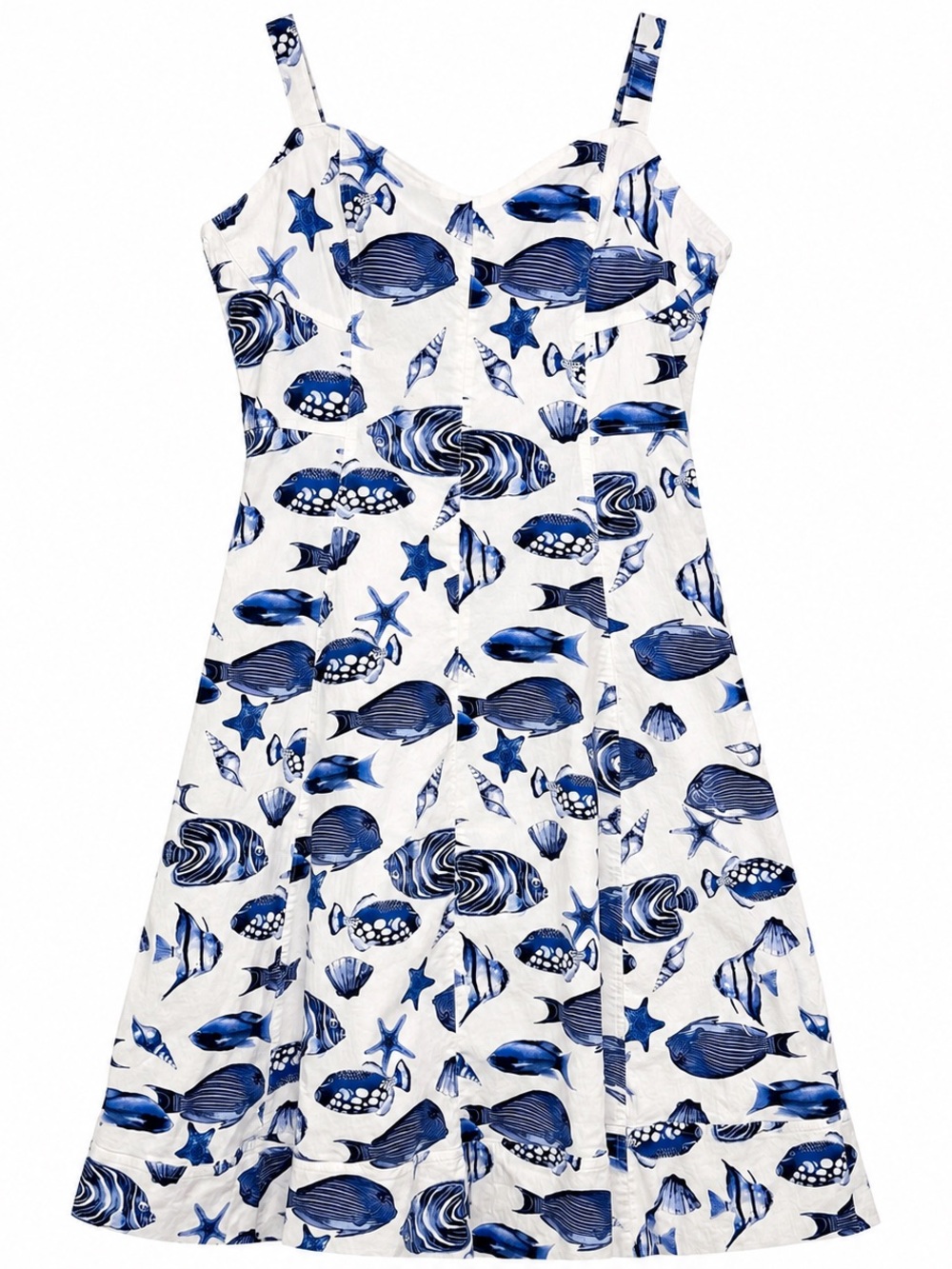 Avec Les Filles White Midi Dress with Blue Fish Print 14